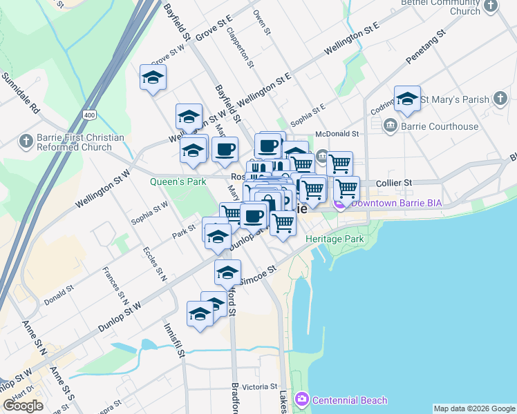 map of restaurants, bars, coffee shops, grocery stores, and more near in Barrie