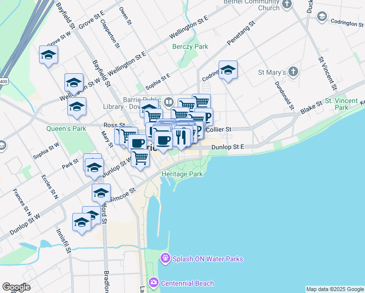 map of restaurants, bars, coffee shops, grocery stores, and more near 86 Dunlop Street East in Barrie