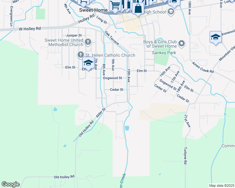map of restaurants, bars, coffee shops, grocery stores, and more near 922 Birch Street in Sweet Home