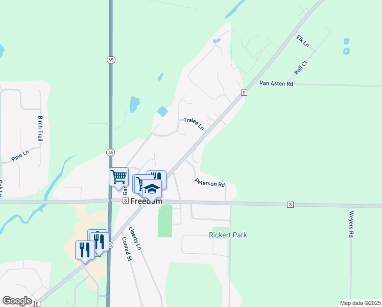 map of restaurants, bars, coffee shops, grocery stores, and more near N4196 County Road E in Freedom