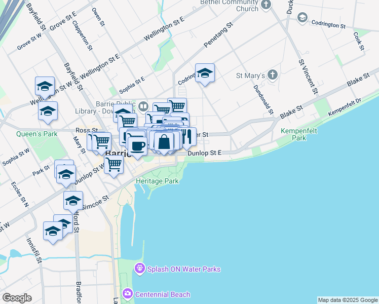 map of restaurants, bars, coffee shops, grocery stores, and more near in Barrie