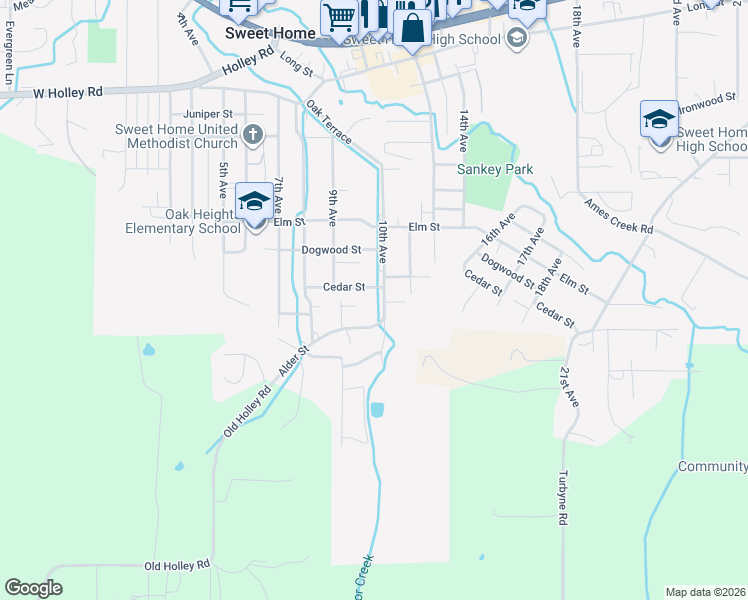 map of restaurants, bars, coffee shops, grocery stores, and more near 214 10th Avenue in Sweet Home