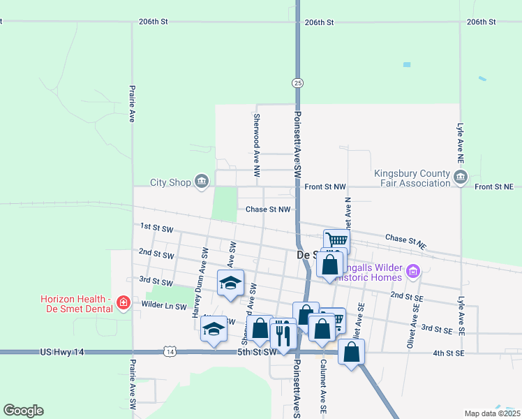 map of restaurants, bars, coffee shops, grocery stores, and more near 400 Chase Street Northwest in De Smet