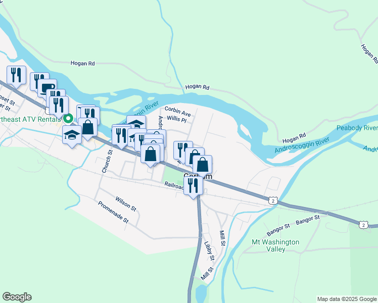 map of restaurants, bars, coffee shops, grocery stores, and more near 3 Cottage Street in Gorham