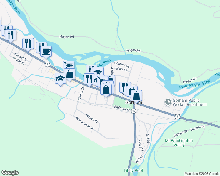 map of restaurants, bars, coffee shops, grocery stores, and more near 11 Androscoggin Street in Gorham