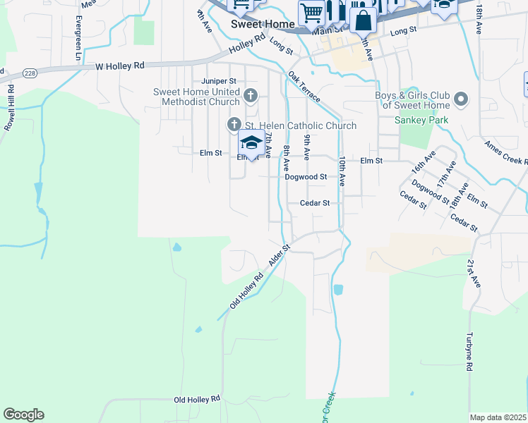 map of restaurants, bars, coffee shops, grocery stores, and more near 166 7th Avenue in Sweet Home