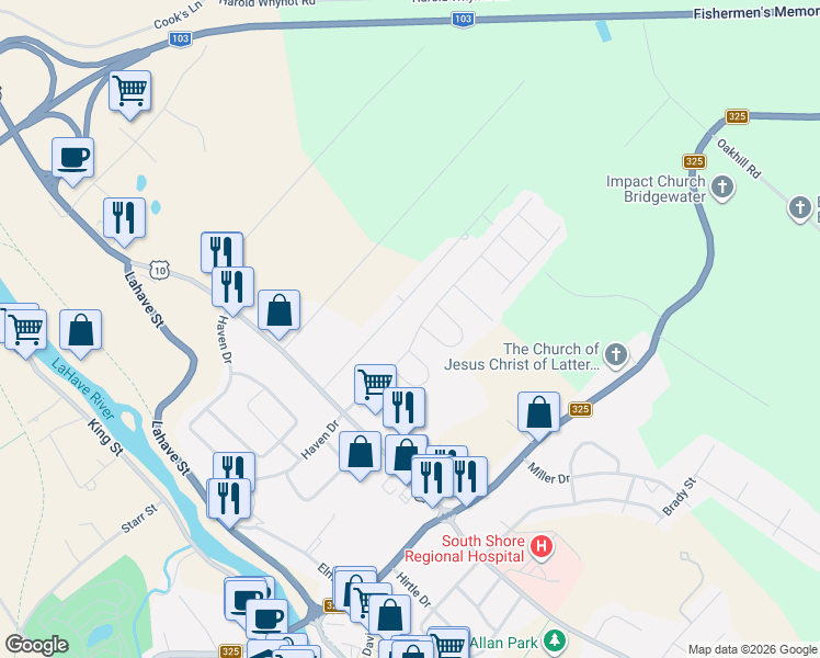map of restaurants, bars, coffee shops, grocery stores, and more near 217 Seasons Drive in Bridgewater