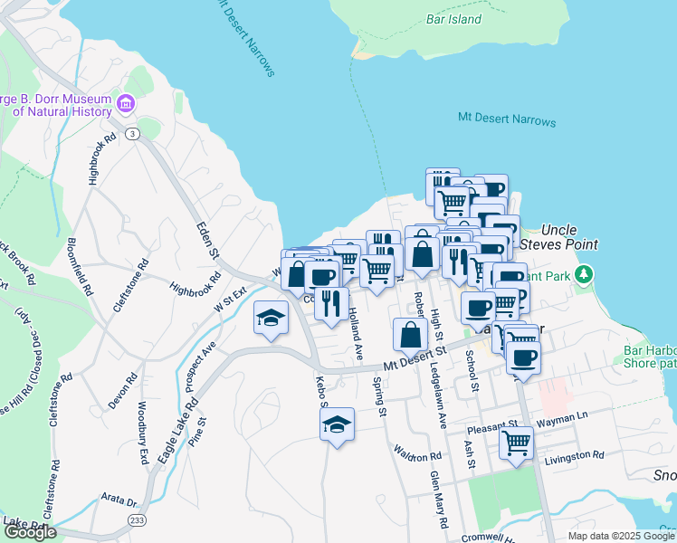 map of restaurants, bars, coffee shops, grocery stores, and more near 7 Holland Avenue in Bar Harbor