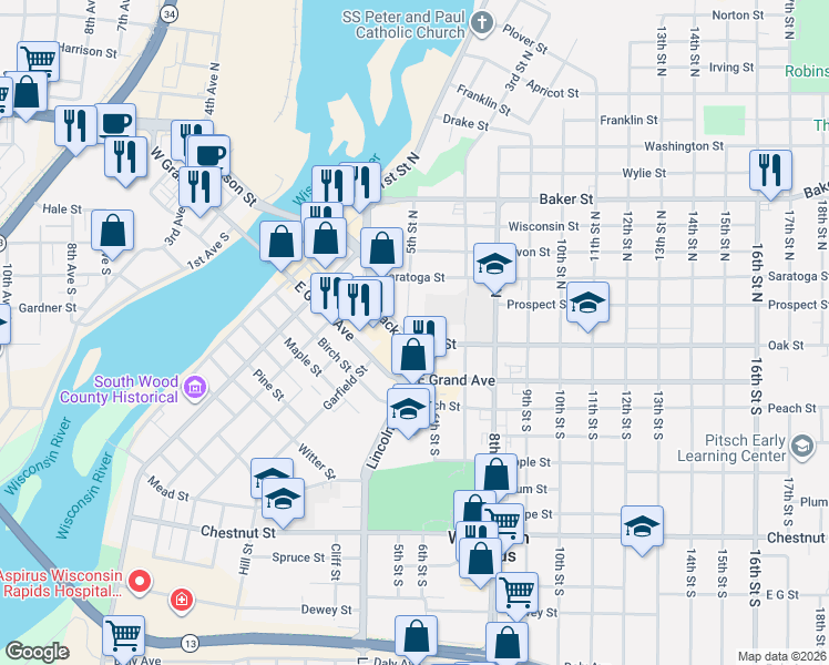 map of restaurants, bars, coffee shops, grocery stores, and more near 521 Oak Street in Wisconsin Rapids