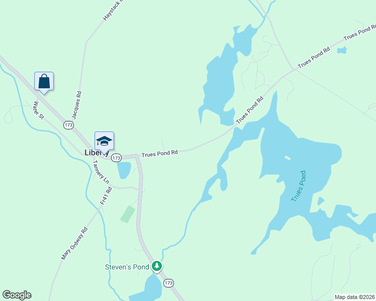map of restaurants, bars, coffee shops, grocery stores, and more near 2 Trues Pond Road in Liberty