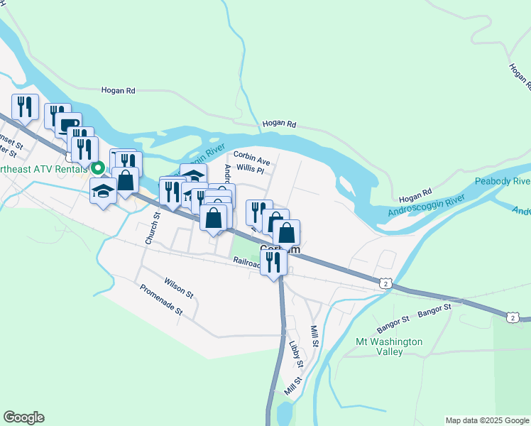map of restaurants, bars, coffee shops, grocery stores, and more near 3 Cottage Street in Gorham