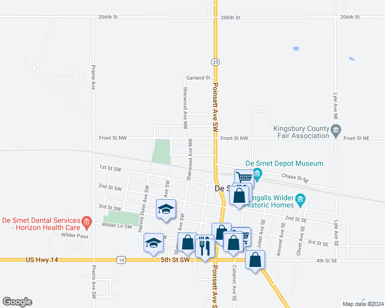 map of restaurants, bars, coffee shops, grocery stores, and more near 400 Chase Street Northwest in De Smet