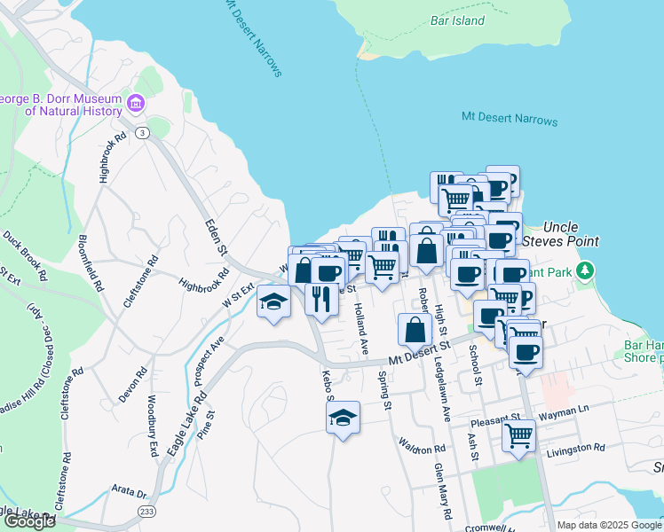 map of restaurants, bars, coffee shops, grocery stores, and more near 7 Holland Avenue in Bar Harbor