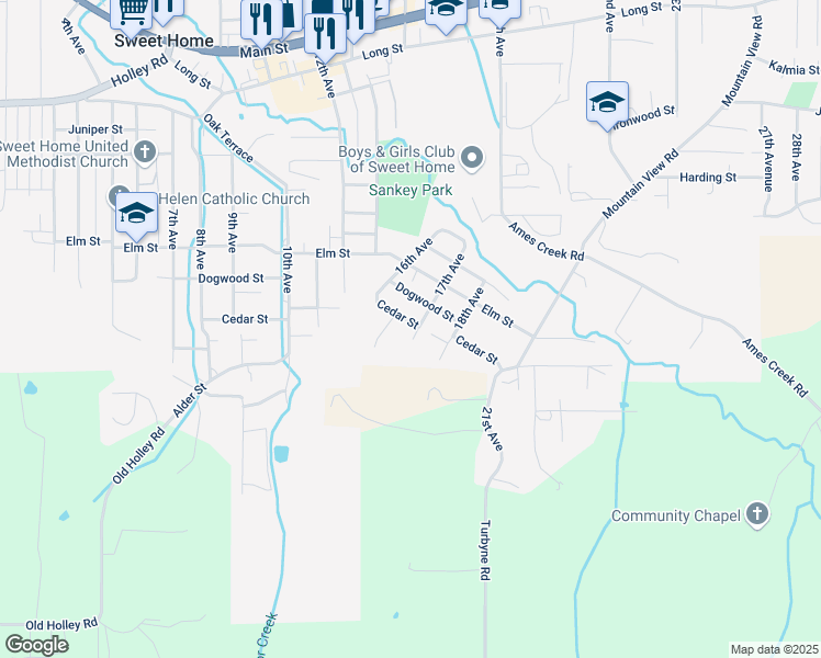 map of restaurants, bars, coffee shops, grocery stores, and more near 1679 Cedar Street in Sweet Home