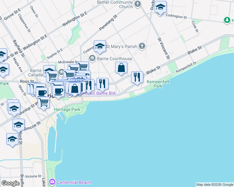 map of restaurants, bars, coffee shops, grocery stores, and more near 194 Dunlop Street East in Barrie