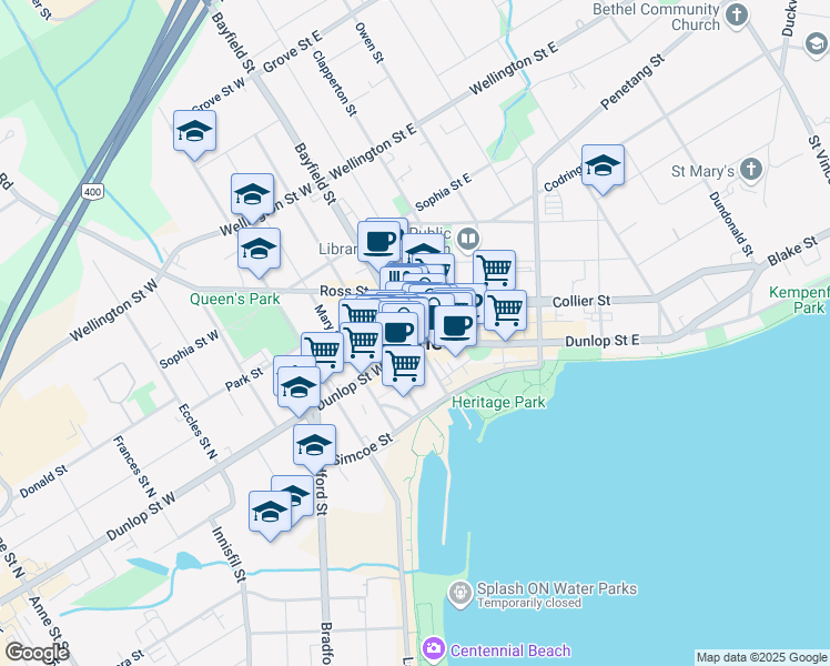 map of restaurants, bars, coffee shops, grocery stores, and more near in Barrie