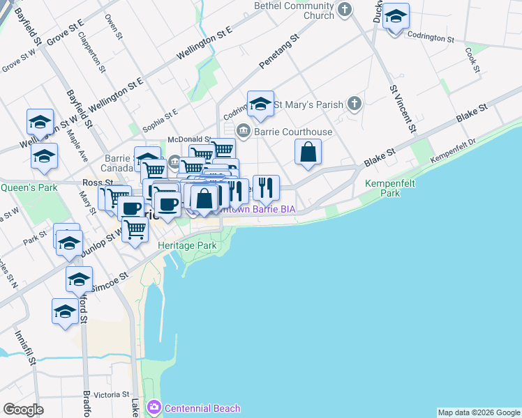 map of restaurants, bars, coffee shops, grocery stores, and more near in Barrie