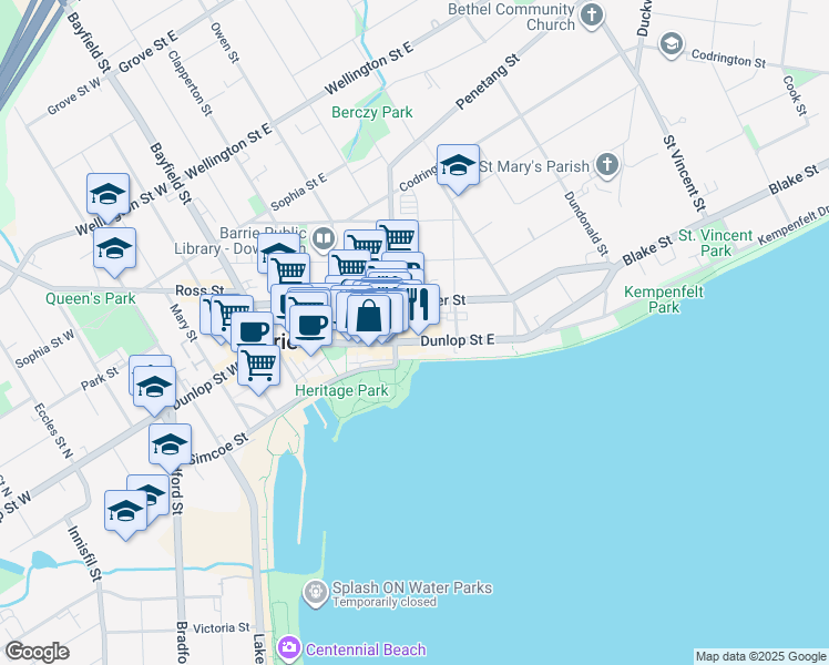 map of restaurants, bars, coffee shops, grocery stores, and more near in Barrie