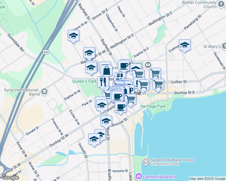 map of restaurants, bars, coffee shops, grocery stores, and more near in Barrie
