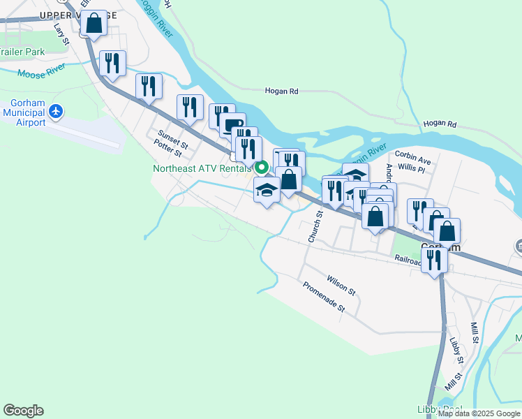 map of restaurants, bars, coffee shops, grocery stores, and more near 169 Main Street in Gorham