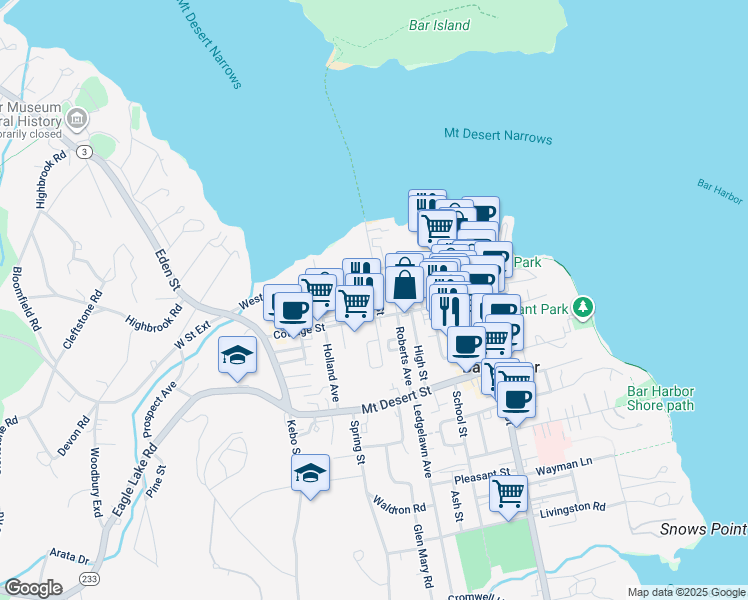 map of restaurants, bars, coffee shops, grocery stores, and more near 25 Bridge Street in Bar Harbor