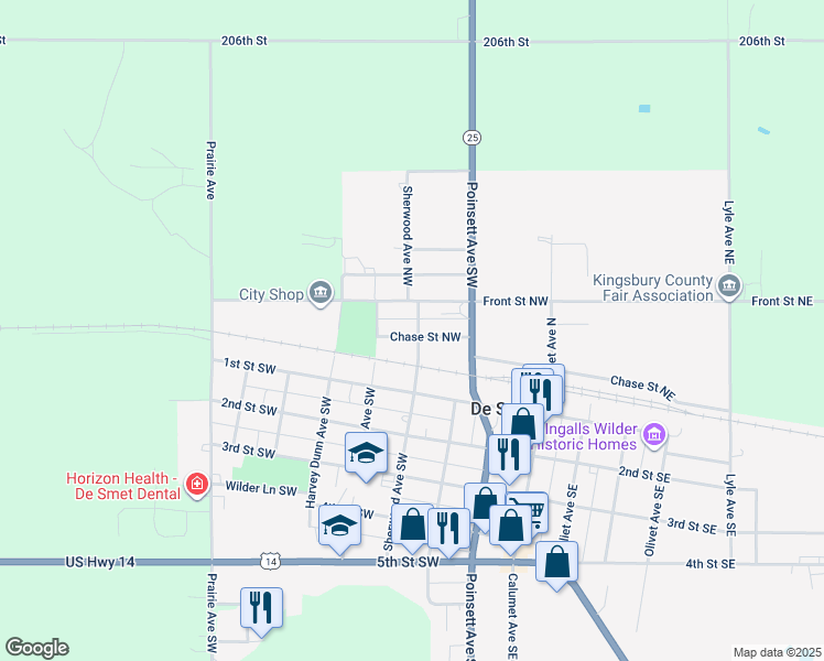 map of restaurants, bars, coffee shops, grocery stores, and more near 400 Chase Street Northwest in De Smet
