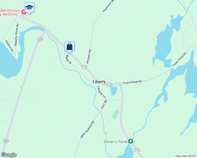 map of restaurants, bars, coffee shops, grocery stores, and more near 122 Main Street in Liberty