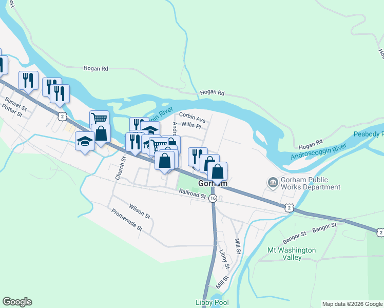 map of restaurants, bars, coffee shops, grocery stores, and more near 16 Androscoggin Street in Gorham