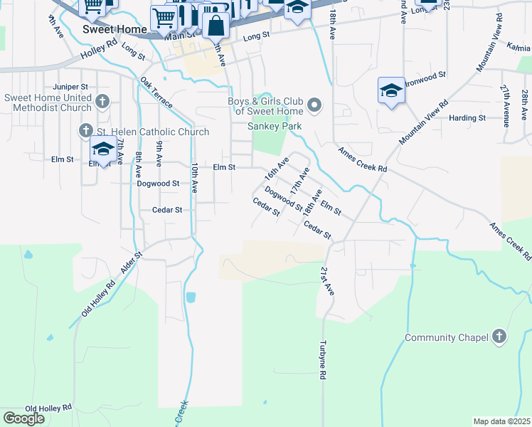 map of restaurants, bars, coffee shops, grocery stores, and more near 1679 Cedar Street in Sweet Home
