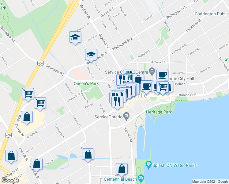 map of restaurants, bars, coffee shops, grocery stores, and more near in Barrie