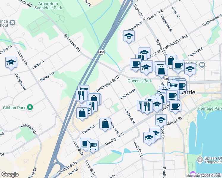 map of restaurants, bars, coffee shops, grocery stores, and more near in Barrie