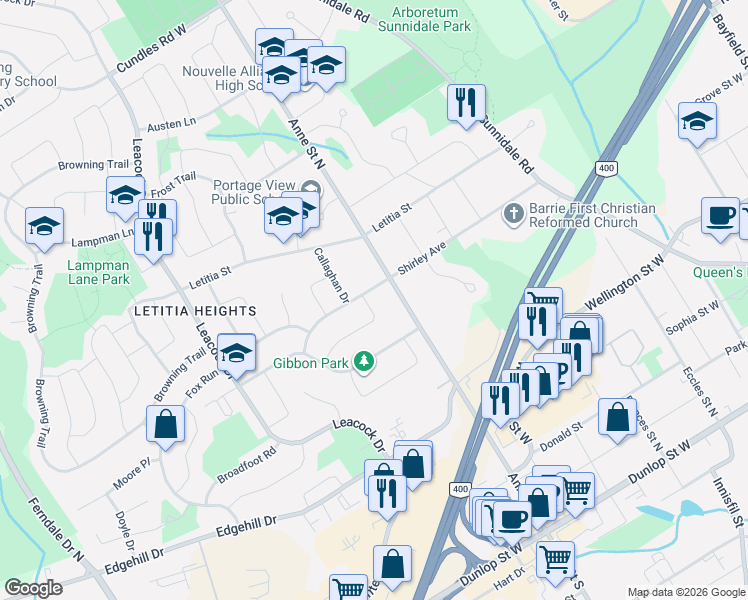 map of restaurants, bars, coffee shops, grocery stores, and more near 5 Templeton Crescent in Barrie