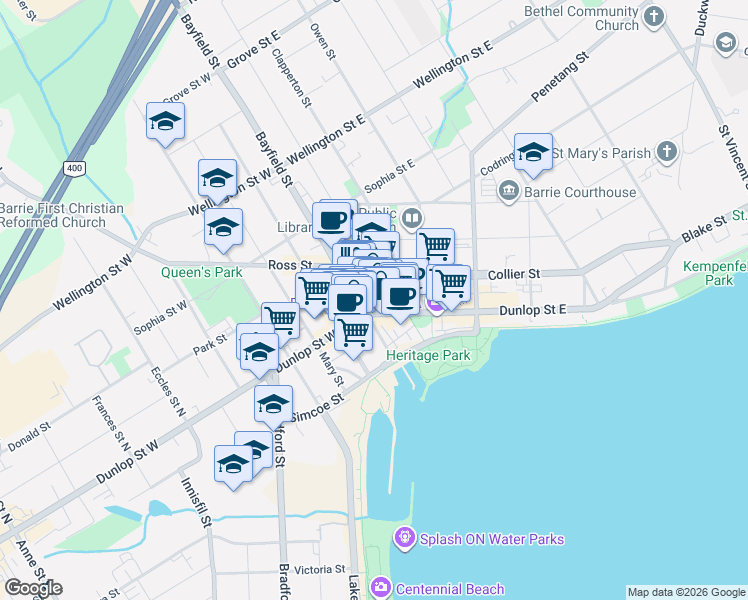 map of restaurants, bars, coffee shops, grocery stores, and more near 9 Clapperton Street in Barrie