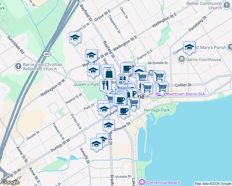 map of restaurants, bars, coffee shops, grocery stores, and more near 73 Mary Street in Barrie