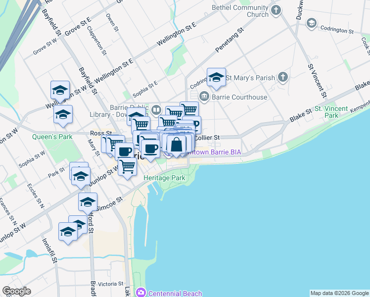 map of restaurants, bars, coffee shops, grocery stores, and more near 32 Mulcaster Street in Barrie