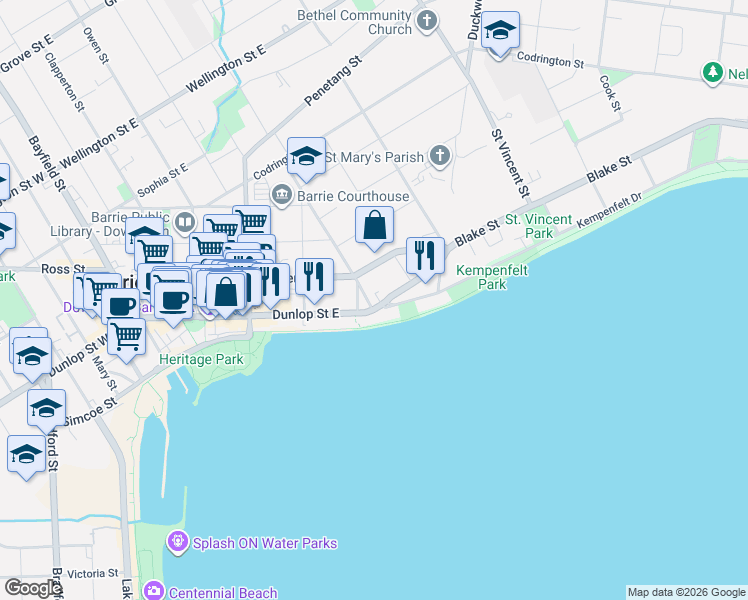 map of restaurants, bars, coffee shops, grocery stores, and more near 1 Berczy Street in Barrie