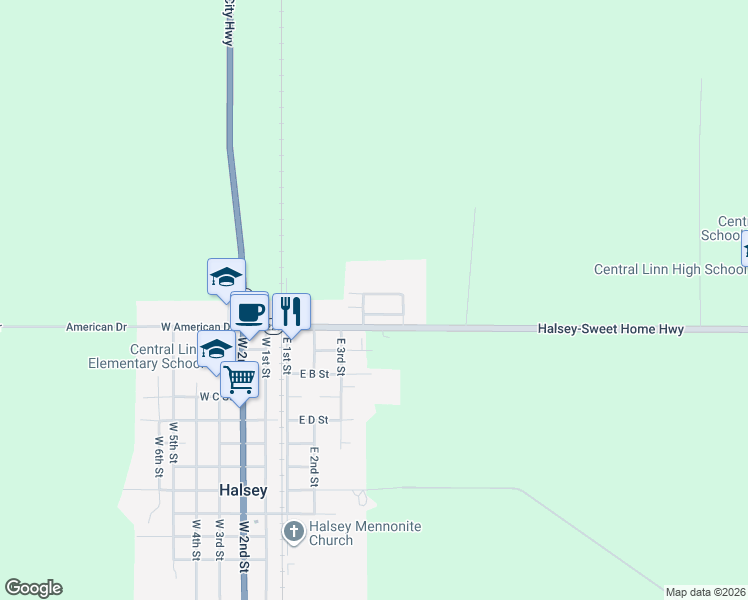 map of restaurants, bars, coffee shops, grocery stores, and more near 575 Egret Avenue in Halsey
