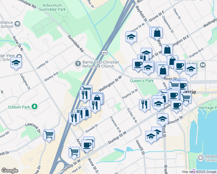 map of restaurants, bars, coffee shops, grocery stores, and more near 107 Wellington Street West in Barrie