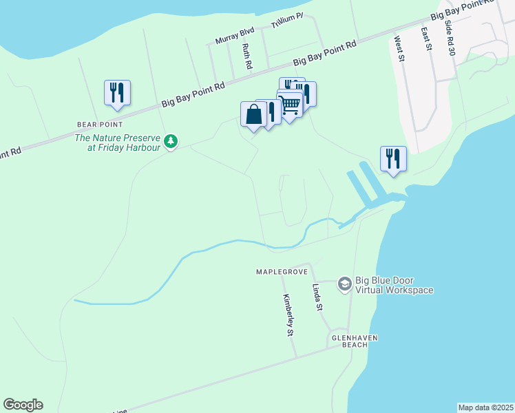 map of restaurants, bars, coffee shops, grocery stores, and more near Riva Avenue in Innisfil