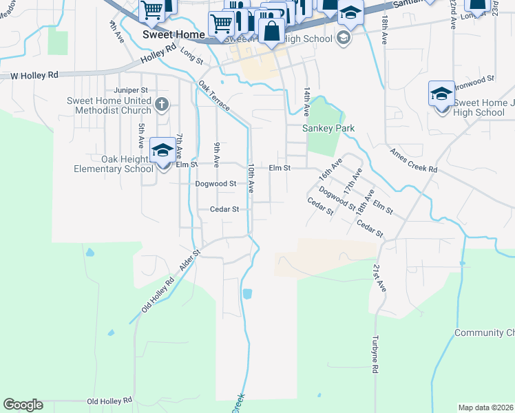 map of restaurants, bars, coffee shops, grocery stores, and more near 214 10th Avenue in Sweet Home