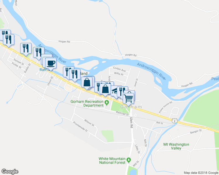 map of restaurants, bars, coffee shops, grocery stores, and more near 16 Androscoggin Street in Gorham