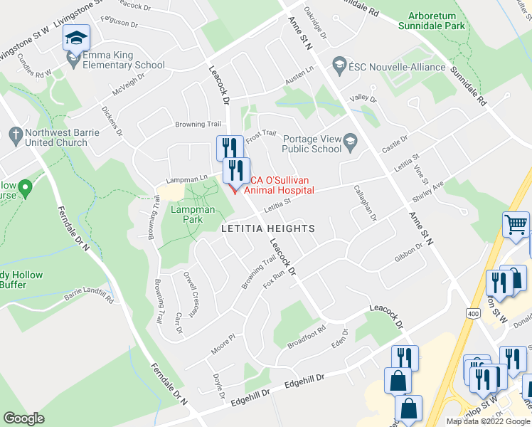 map of restaurants, bars, coffee shops, grocery stores, and more near 177 Letitia Street in Barrie