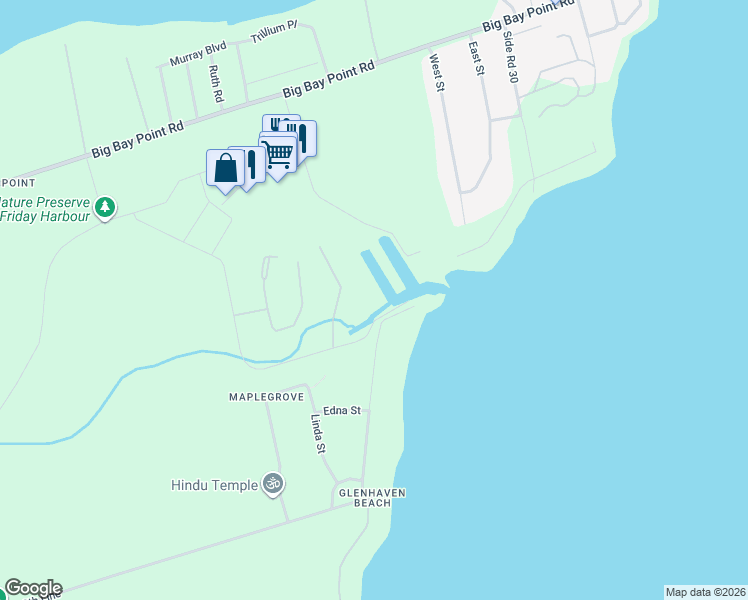 map of restaurants, bars, coffee shops, grocery stores, and more near 3527 Riva Avenue in Innisfil