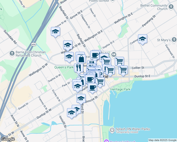 map of restaurants, bars, coffee shops, grocery stores, and more near in Barrie