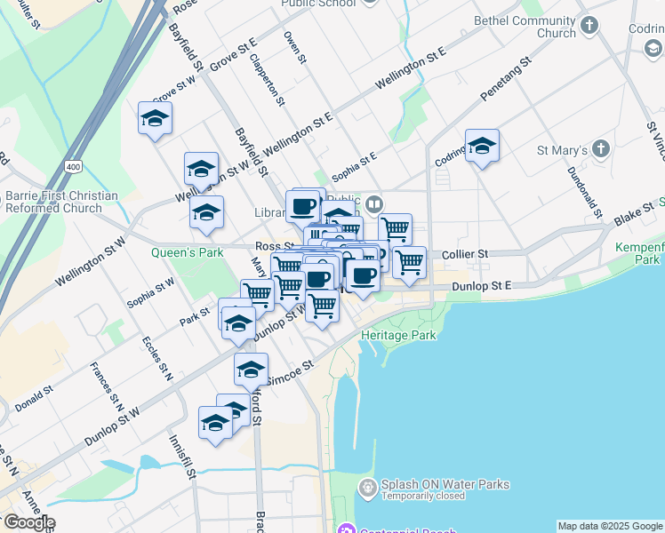 map of restaurants, bars, coffee shops, grocery stores, and more near in Barrie
