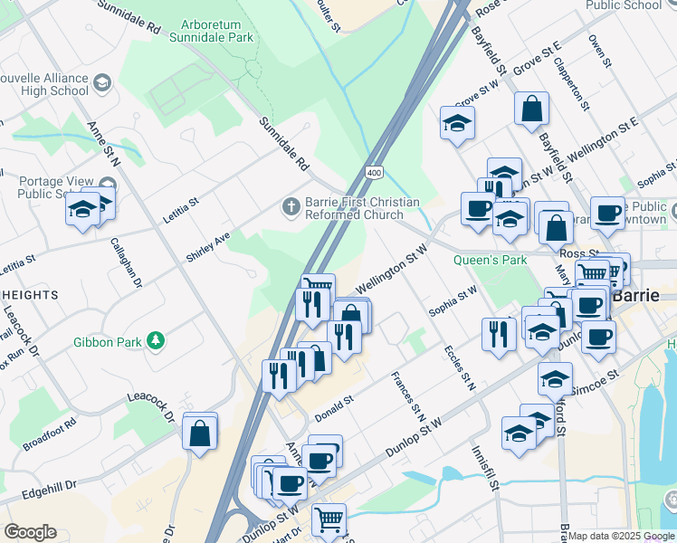 map of restaurants, bars, coffee shops, grocery stores, and more near 103-128 Wellington Street West in Barrie
