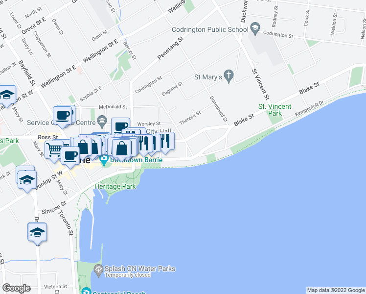 map of restaurants, bars, coffee shops, grocery stores, and more near 22 Sampson Street in Barrie