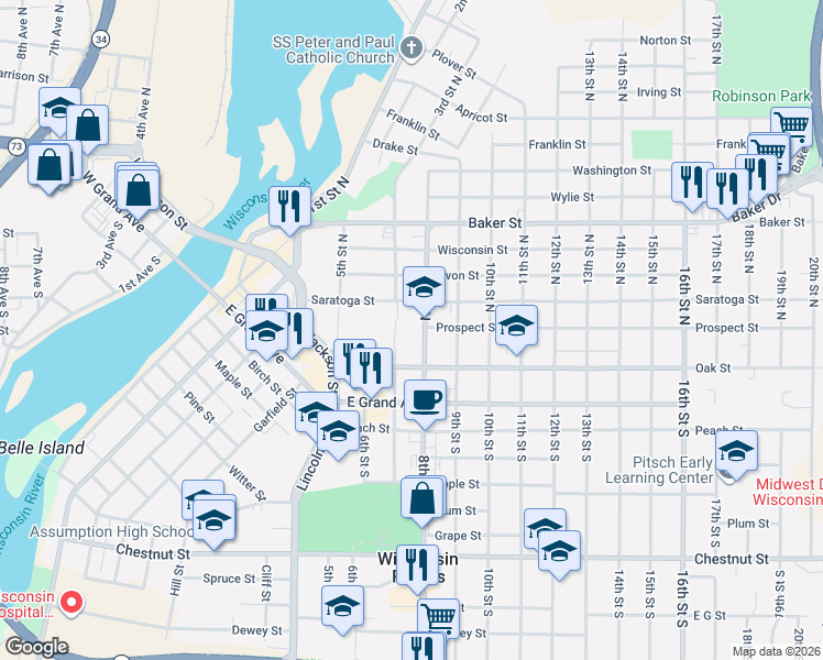 map of restaurants, bars, coffee shops, grocery stores, and more near 130 8th Street North in Wisconsin Rapids