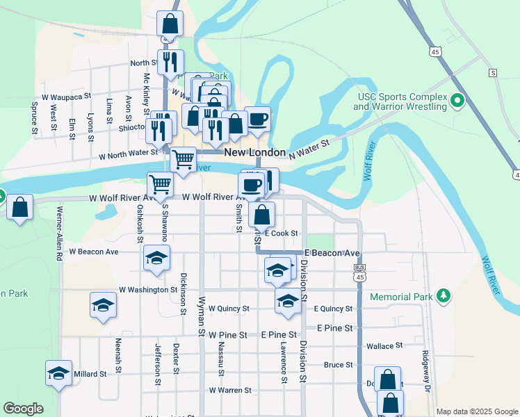 map of restaurants, bars, coffee shops, grocery stores, and more near 211 South Pearl Street in New London