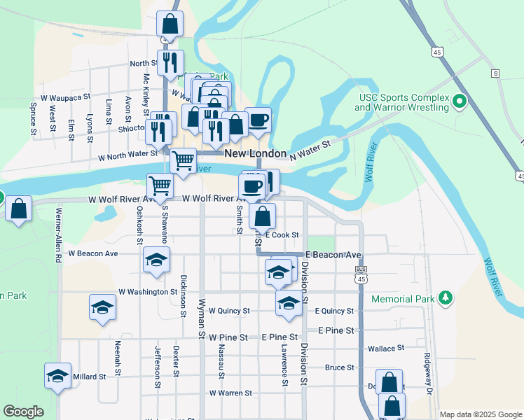 map of restaurants, bars, coffee shops, grocery stores, and more near 211 South Pearl Street in New London